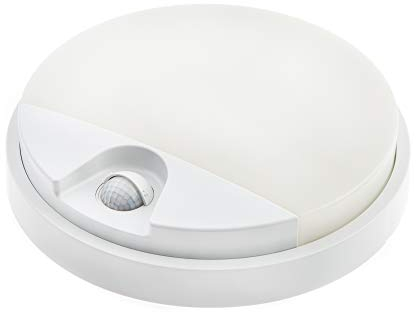 HUBER Applique murale LED avec détecteur de mouvement 140° 10 W, 957 lm I IP54 Lampe d'extérieur LED protégée avec détecteur de mouvement I Applique murale intérieure ronde blanche