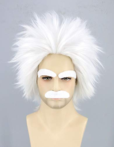 Topcosplay Verrückter Professor Wissenschaftler Perücke mit Schnurrbart Augenbrauen Herren Weiß Perücke Alter Opa Perücke für Halloween