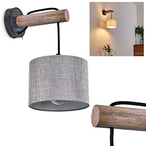 Wandleuchte Adelboden, Wandlampe aus Metall/Holz/Textil in Schwarz/Natur/Grau, 1-flammig, 1 x E27-Fassung, moderner Wandspot mit Stoff-Schirm u. An-/ Ausschalter am Gehäuse, ohne Leuchtmittel