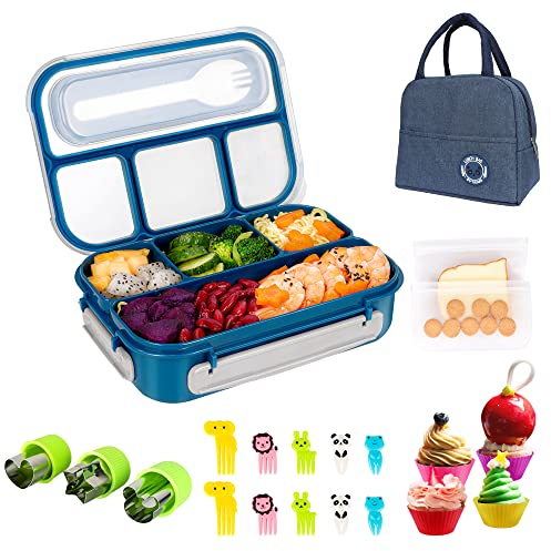 Kishilly Bento Lunch Box for Kids/Adult, Microwavable Kids Bento Box Lunch Containers with Mini Cookie Cutters Lunch Bag Fruit Picks Silicone Cup Reusable Storage Bags for School