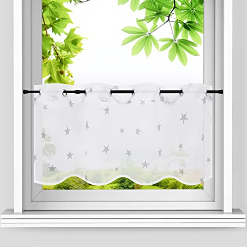 HeichkelL Scheibengardine Voile Sterne Muster Kurzstores Transparent Bistrogardine Landhausstil Kleinfenster Gardine mit Ösen Graue Sterne BreitexHöhe 90x45 cm