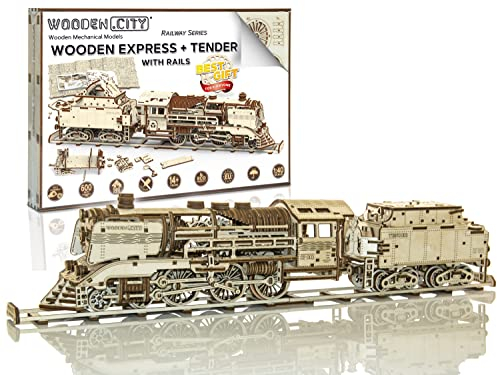 WOODEN.CITY 3D Puzzle - Holzpuzzle Erwachsene, Holzexpress + Tender mit Schienen - Mechanisch, Puzzle Erwachsene, DIY Spielzeug - Laser Cut, DIY Holzmodell, Geburtstag Jugendliche und Erwachsene