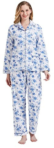 Amaxer Pyjama Femme Hiver Chaud 100% Flanelle Ensembles de Pyjama Cotton Chemise de Nuit Longue, Rose Bleue L
