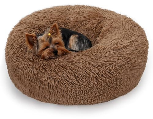 ALLSOPETS Beruhigendes Hundebett für Kleine und Mittelgroße Hunde Waschbares Donut-Katzenbett mit Rutschfester Unterseite Weiches Rundes Plüsch-Hundebett (Hellbraun, 60cm)