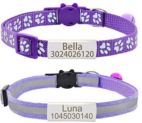 Senristar Personalisierte 2 Pack Reflektierende Katze Halsband, Benutzerdefinierte Breakaway Halsbänder mit Namensschild und Glocke, Anti-Verlust für Mädchen & Jungen, Nacken: 20-28 cm