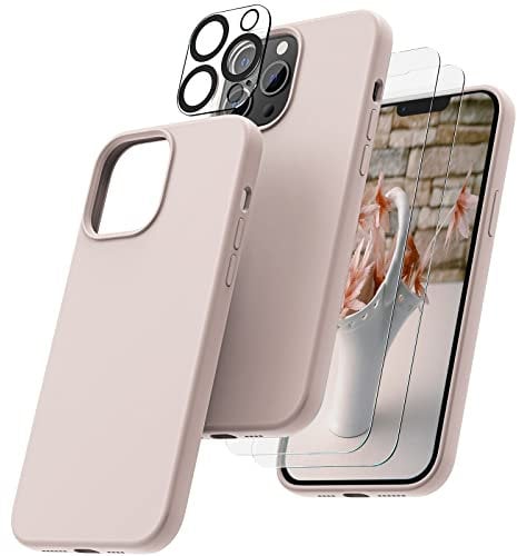 OIIAEE [5-in-1 Designed for iPhone 13 Pro Max Case 6.7 , with 2 x Screen Protector & 2 x Camera Protector, Soft Liquid Silicone Gel Rubber Slim Shockproof Cover with Microfiber Lining, Chalk Pink