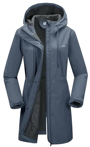 33.000ft Veste softshell légère avec capuche imperméable pour femme,Veste fonctionnelle doublée polaire coupe-vent respirante, Bleu grisâtre., XS