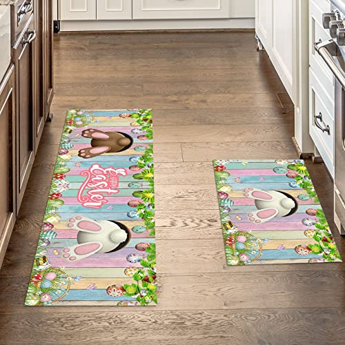 Ostern Fußmatte Küchenteppiche, 2er Set, Ostereier Osterhase Fussmatte Dekoration Willkommensmatte Haustürmatte Frühlingsmatte Fußmatte, Küchenteppich mit Hasen-Motiv, Rutschfest