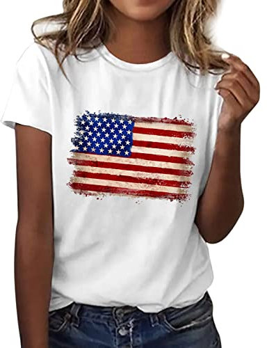CGGMVCG 4. Juli Shirts für Frauen Amerika Flagge Druck O Ausschnitt Kurzarm Bluse Tops T-Shirts T Amerikanische Flagge Tops für Frauen, Weiß, 3X-Groß