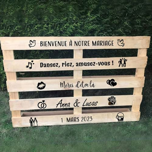 asu Französisch personalisierte Hochzeit Palette Aufkleber BIENVENUE Hochzeit Veranstaltungsort Dekorationen benutzerdefinierte Namen Datum Vinyl Aufkleber Party Dekor (Black,Width of 70cm)