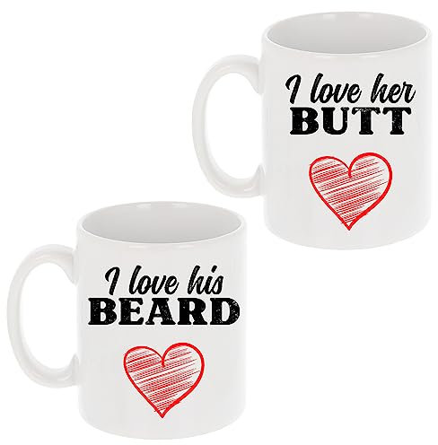 Funny His and Hers Mugs Gift Set I Love Her Butt I Love His Beard Gift for Anniversary Boyfriend Gift for Girlfriend Funny Set of 2 Mugs for Couples I Love Her Butt I Love His Beard Mug Gifts