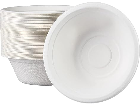 YAAVAAW Disposable Small Paper Bowls White 12oz/340m Bagasse Compostable Eco-Friendly Biodegradable Bowls,50Pcs Party Sugarcane Bowl Dessert Soup Serving for Hot/Cold Food,BBQ Picnic