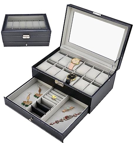 sports flyfree Watch Box Organizer, 2 layer 12 Grids Slot PU Leather Watch Storage Case for Women Men, Jewelry Display Holder for Watches Sunglasses Rings Necklaces Bracelets