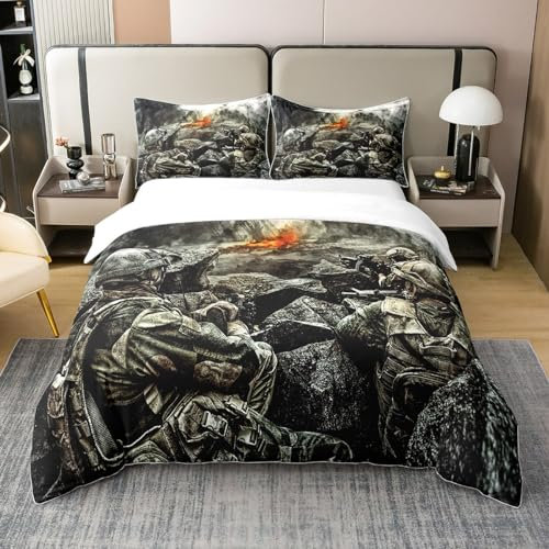 100% Natürliche Baumwolle Soldat Bettbezug Armee Gun Bettwäsche Set Militärische Tröster Abdeckung für Kinder Jungen Teen Grunge Camouflage Bett Sets mit 1 Kissenbezug Atmungsaktiv,135x200