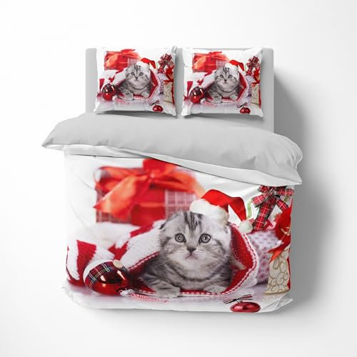 FEBE 3D Bettwäsche Weihnachten Katze Bettbezug-Set 135x200 + Kissenbezug 80x80 cm Wendebettwäsche 2 Teilig mit Reißverschluss Mikrofaser Winterbettwäsche Duvet Cover