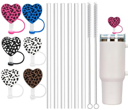 ALINK 6 pcs Heart Straw Covers and 6 pcs Reusable Plastic Clear Straws for Stanley 40 oz 30 oz Tumbler, Silicone Reusable Portable Straw Cap Tips Lids for 10mm Straws,Cute Drinking Straw Topper