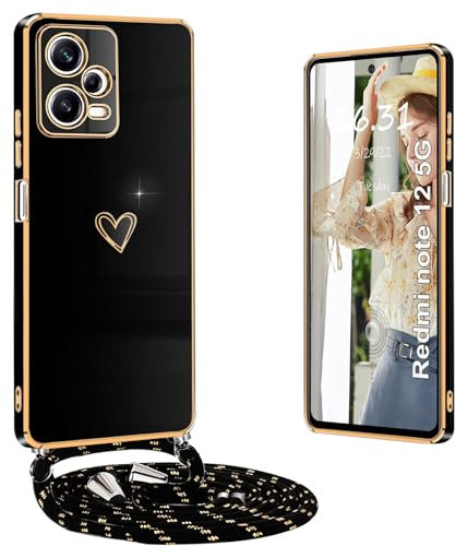 Yutwo Funda para Redmi Note 12 5G con Cuerda, Fundas para Redmi Note 12 5G con Colgante Patrón de Corazón Carcasa Silicona Antigolpes Funda para Xiaomi Redmi Note 12 5G, Negro