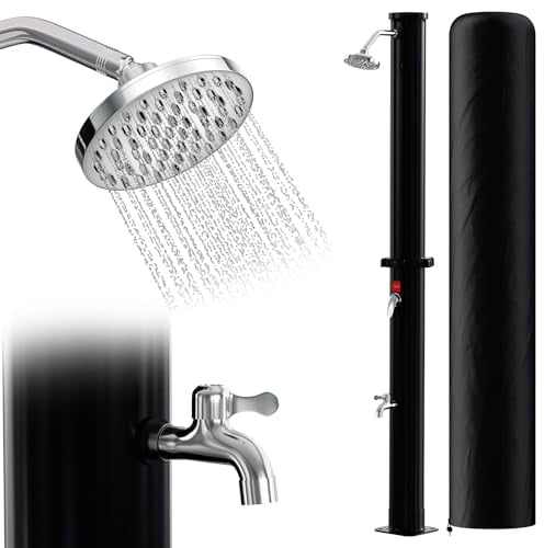Eulenke solardusche Garten 20 Liter | 220cm | gartendusche solar | warmes Wasser max. 60°C | inkl. Gartendusche Abdeckplane & Fußbrause | ohne Stromanschluss | Regenduschkopf und Wasserhahn | Schwarz