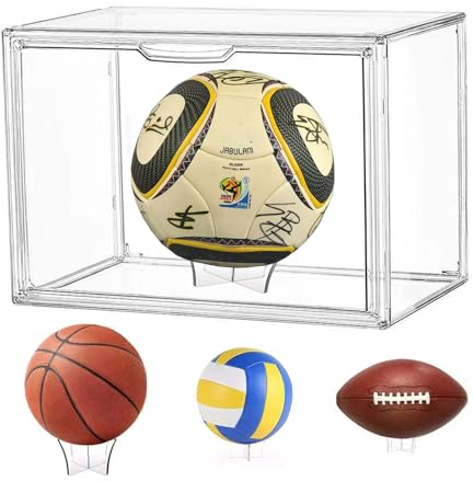 AAABOX Fußball Vitrine Acryl Transparente Stapelbar mit Tür,40x25x30cm Groß Vitrinenschrank Schaukasten Selbstmontage mit Ständer für Groß Sammlung Sammlerstück Basketball Volleyball