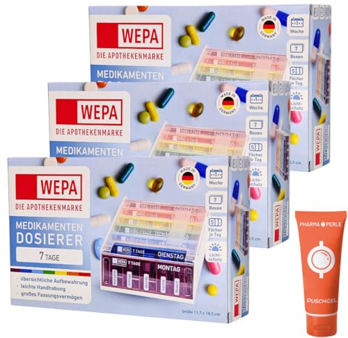 WEPA Tablettenbox 7 Tage - Regenbogen 3x I Medikamentendosierer I Wochendosierer für Medikamente I Medikamentenaufbewahrung für eine Woche I 5 Fächer pro Tag I UV-Schutz I Spar-Set plus Pharma Perle