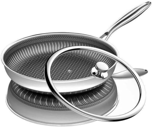 LRTYZBD Poêle à frire antiadhésive double en acier inoxydable avec couvercle en nid d'abeille triple couche anti-rayures pour cuisinières à gaz électriques à induction en céramique et four - 30 cm