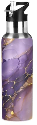 Mármol Piedra Mineral Cristal Violeta Botella de Agua Deportiva con Pajita Acero Inoxidable, Botellas Termica Sin BPA para Niños Deporte Gimnasio Ciclismo Escuela (600ml/1L)