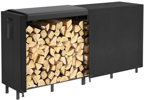 Lifewit Range Buche Interieur, 243,8×58,5×122cm Rangement Bois Interieur Porte Buche Cheminée Exterieur Panier Buche avec Couverture Imperméable Poche Latérale pour Extérieur, Noir