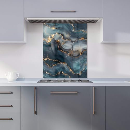 Premium Blues And Gold Marble Effect Kitchen Splashback 6mm Toughened Glass Kitchen Splashback – Heat Resistant Splashback for Kitchens, Perfect for Cookers and Hobs, Polished Edges