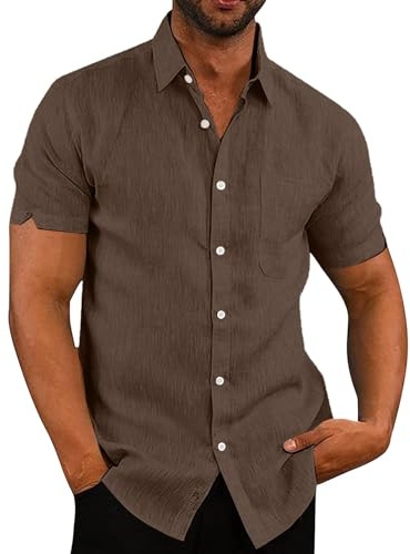 Rodawu Mens Linen Shirts Cotton Short Sleeved Shirts Regular Fit Casual Summer Shirts Lightweight Beach Shirt Coffee Shirts L
