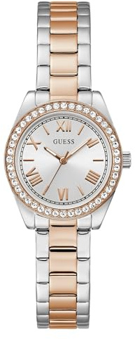 GUESS Damen Armbanduhr GD MINI Luna mit Zirkonia, roségoldenes- und silberfarbenes Edelstahlarmband, Mineral Glas, silbernes Ziffernblatt, 3 Bar, Gehäusedurchmesser: 30 mm, GW0841L3