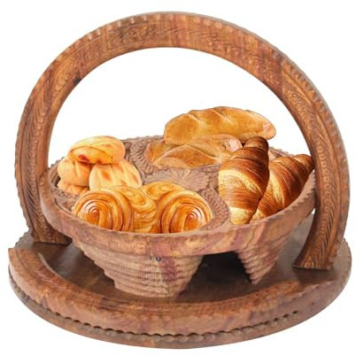 Cesta plegable para frutas secas, plato de fruta tallado en madera hecho a mano, cesta de frutas de madera multiusos de 4 particiones para mostrador de cocina, cesta de frutas plegable