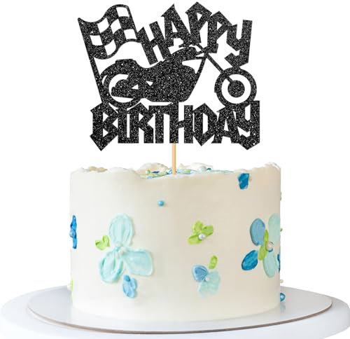 Motorcycle Happy Birthday Cake Topper - Dirt Bike Party Cake Supplies - Motorbike Let's Party - Sport Party Decorations - Black Glitter