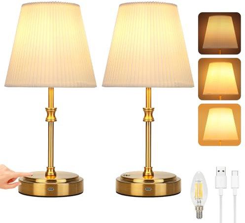 Glowlit 2 Stück Tischlampe Akku Tischleuchte Kabellose Touch Nachttisch lampe Gold mit USB-C 6000 mAh LED Tischlampe 3 Stufig Dimmbar für Schlafzimmer Bett Esszimmer Bar