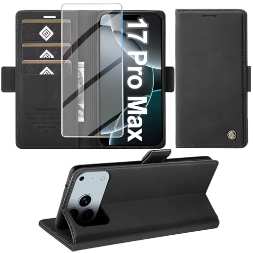 Giyer Handyhülle für iPhone 17 Pro Max Hülle mit Schutzfolie, Standfunktion Kartenfach Wallet Premium Leder Schutzhülle für iPhone 17 Pro Max 6.9 Zoll Flip Case Cover Stoßfeste Klapphülle (Schwarz)