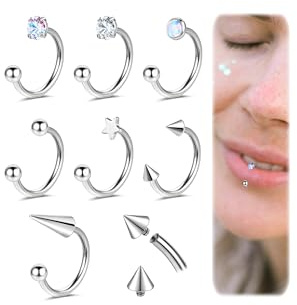 ZS 7 Stücke Lippenpiercing Edelstahl Sternopal Zirkonia, 16G C-förmige U-förmige Lippenringe, Knorpe Helix Ohrringe Innengewinde für Damen Herren (C-förmige Lippenringe,10mm)