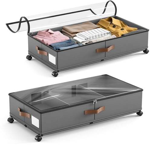 BugyKido 2 Stück Unterbett Aufbewahrungsbox mit Rollen und Deckel 48L | Unterbett Aufbewahrung mit 2 Zwischenwände, Unterbettkommode Bettkasten für Kleidung, Schuhe, Decken 78×42×17cm