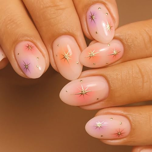 24 PCS Peachy Nude Press On Nails - Colorful Oval Short Shape Golden Star Accent Gradient Galaxy Nails - Cute Pastel Aesthetic Whimsical Celestial Look for Women