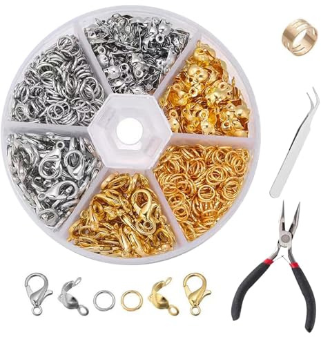 600 PCS Jewellery Making Set with Lobster Clasps, Bracelet Clasps and Closures, Open Jump Rings Connectors and Tweezer, for DIY Craft Necklace Bracelet Making, Gold and Silver