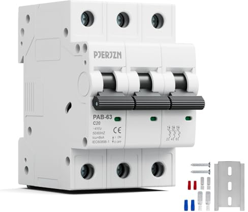 PJERJZN 3-Poliger Sicherungsautomat 20A, 415VAC Leitungsschutzschalter für Elektrische Anlagen, Haushaltsgeräte und Gewerbliche Einrichtungen