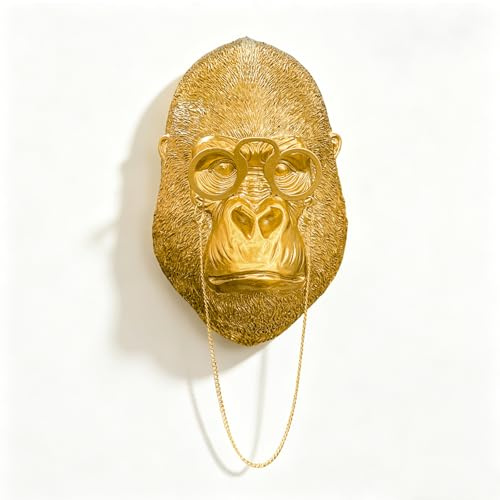 Juedawyal Goldene Gorillakopf-Skulptur mit Brillenkette, moderne Harz-Tier-Wandkunst-Dekor-Figur, luxuriöser Büro-Schreibtisch, Heimakzent, einzigartiges Gentleman-Gorilla-Statue, Geschenk