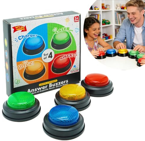 AURIVEE Set di 4 Buzzer – Pulsanti Risposta Luminosi & Sonori per Giochi Quiz, Famiglia e Aula