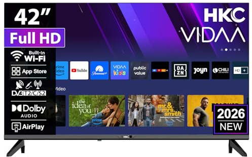 HKC Smart TV 42 Pouces (107 cm) FHD, sans Bord Connectée Télévision avec WiFi, App Store, Triple Tuner(DVB-T/T2, DVB-C, DVB-S/S2), AirPlay (H42Q1LF-V, 2026)