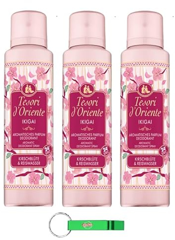 Tesori d'Oriente Deospray Parfum Ikigai 3 x 150ml, Deodorant Spray Deo Spray mit Kirschblüten und Reiswasser + Beni Culinari Kostenloser Schlüsselanhänger