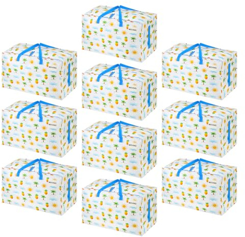 VENO 10 Pack Large Storage Bags with Lid and Reinforced Handles, Moving Bags, 102L Moving Boxes Heavy Duty Clothes Storage Bags (Tropical Island, Pack of 10)