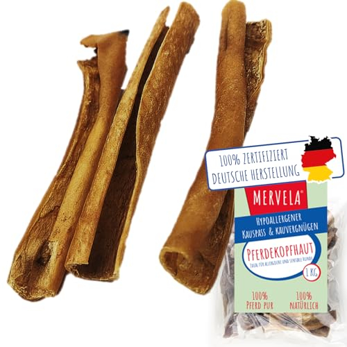 MERVELA Pferdekopfhaut ohne Fell | 100% Pferd | 1 kg | Qualität aus Deutschland | 12 cm Stücke | Pferde leckerlies | ideal für hypoallergene allergische Hunde