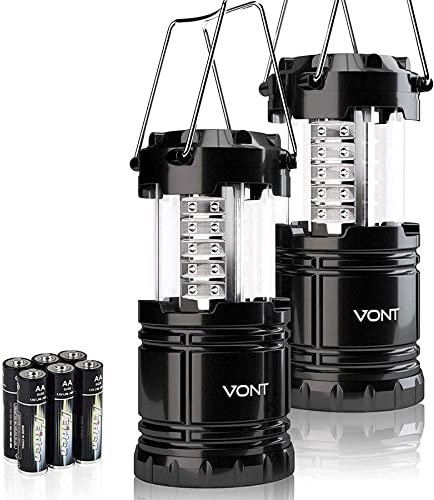Vont Paquete de 2 faroles LED portátiles para acampar al aire libre, kit de supervivencia para huracán, emergencia, tormenta, cortes (negro, plegable)