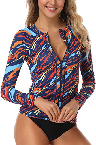 AXESEA Damen long sleeve rash guard upf 50+ uv-sonnenschutz mit reißverschluss badeanzug shirt gedruckt surfen hemd top us 14 (lesen verkäufer größentabelle in bild) orange