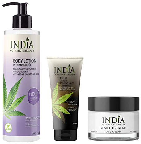 BODY CARE PFLEGESET mit Hanfsamenöl, Bodylotion ohne Parabene, inkl. Bodybalm, Gesichtscreme & Serum Hautcreme von INDIA COSMETICS GERMANY