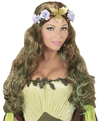 NET TOYS Fantasy-Perücke Wald-Elfe mit Blumen-Krone | Brünett-Grün | Außergewöhnliches Frauen-Kostüm-Zubehör Cosplay Langhaar-Perücke mit Blüten-Kranz | Geeignet für Fastnacht & Karneval