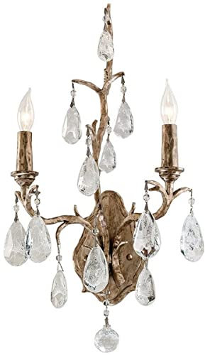 Casa Padrino Luxus Barock Doppel Wandleuchte Bronze 28 x 15,3 x H. 53,3 cm - Handgefertigte Schmiedeeisen Wandlampe mit edlen venezianischem Kristallglas Behängen in Tropfenform